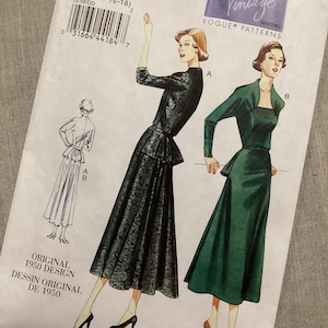 Modelo vintage Vogue 8768 - Diseño original de 1950 - Vestido peplum con un escote y un corpiño preciosos - Tallas 12-14-16-18 - Plegado de fábrica