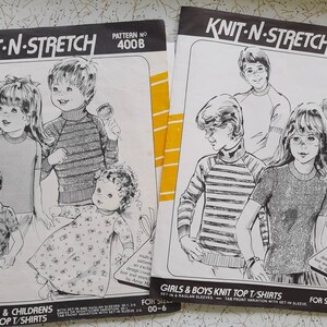 May include: Two knitting pattern sheets for infants, children, girls, and boys knit tops and t-shirts. The patterns are from Knit-N-Stretch, pattern numbers 400B and 410B. The patterns feature illustrations of children wearing the knit tops and t-shirts.