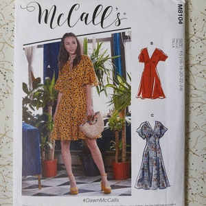 McCalls 8104 ~  Flared Dress with shaped bodice and kimono sleeve Size 6-14 or 6-24