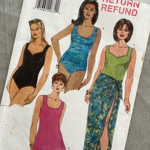 May include: A vintage Butterick sewing pattern envelope with illustrations of swimwear designs. The envelope includes the text "NO RETURN REFUND" and size details. The illustrations depict a black swimsuit, a blue swimsuit, a pink dress, and a green top with a patterned skirt.