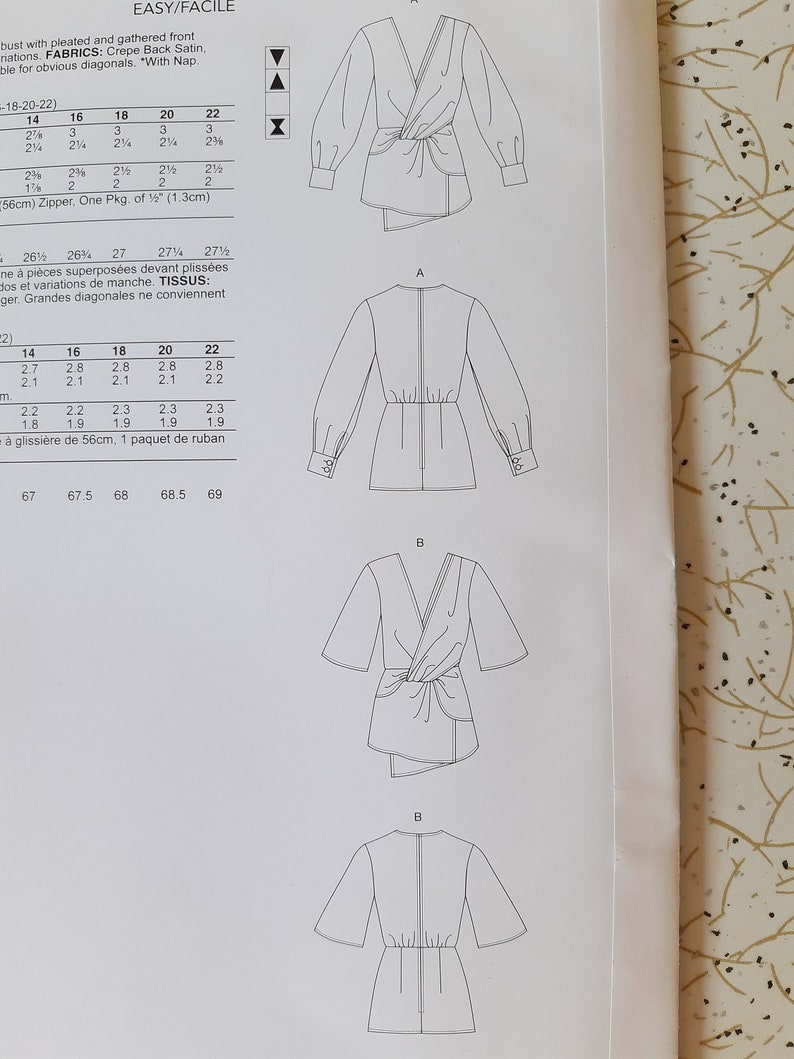 Vogue Patterns Easy couture Draped Wrap Top with optional Bishop Sleeve 1680~ Size 4-14 or 16-26