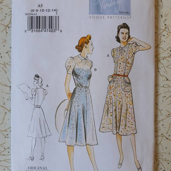 Vintage Vogue 1930s Dress Pattern 9294 ~ 1939 Original Design Size 6-14