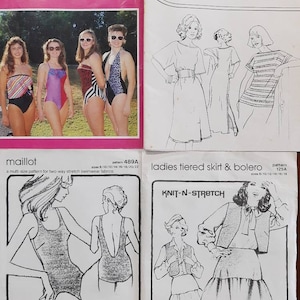 May include: Four sewing patterns for knit-n-stretch fabric. The first pattern is for a one-piece swimsuit with 11 variations. The second pattern is for a ladies T-shaped dress and T-shirt. The third pattern is for a maillot, a multi-size pattern for two-way stretch swimwear fabrics. The fourth pattern is for a ladies tiered skirt and bolero.
