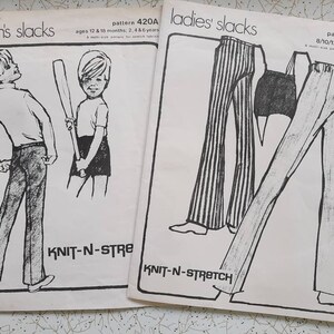 May include: Two sewing patterns for knit-n-stretch fabric. The pattern on the left is for children's slacks, sizes 12 and 18 months, 2, 4, 6 years. The pattern on the right is for ladies' slacks, sizes 8, 10, 12, 14, 16, 18, 20, 22.