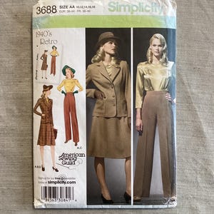 May include: A vintage Simplicity sewing pattern with a retro 1940s theme. The pattern features illustrations of women's clothing, including suits and dresses. The pattern number is 3688, with sizes 10, 12, 14, 16, and 18.