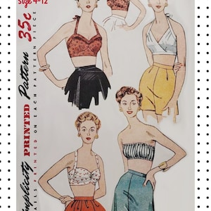 May include: Simplicity pattern 1426, size 4-12, 35c. This vintage sewing pattern envelope features illustrations of four different halter and bandeau tops paired with skirts or shorts in various colors including red, white, and blue.