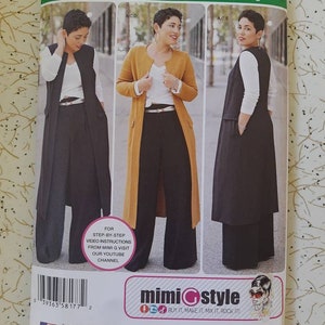 May include: Simplicity sewing pattern 8177 AA showing three outfit variations. The pattern includes a long vest, a long coat, and wide-leg trousers. The pattern's size range is U.S. 10-18. The Mimi G Style logo is visible.