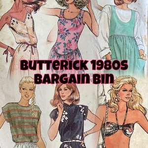 Peut inclure: Illustration de mode vintage des années 1980 présentant des modèles de vêtements pour femmes. L'image comprend des robes, des hauts et des maillots de bain, avec des motifs floraux et rayés. Le texte "Butterick 1980s Bargain Bin" est affiché sur l'image.
