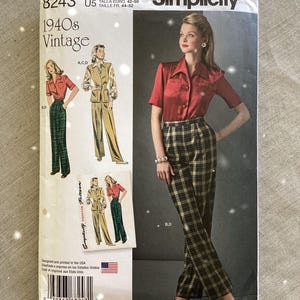 May include: Simplicity sewing pattern for vintage 1940s clothing. The pattern features illustrations of women's outfits, including a red blouse and plaid pants. The pattern size is U.S. 16-24.