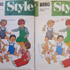 May include: Two vintage sewing pattern covers. The top of each cover has the word "Style" in a large, green font. The left cover reads "2550 Size 18 months Babies". The right cover reads "2550 Size 6 Months Babies". Both covers feature illustrations of babies in overalls.