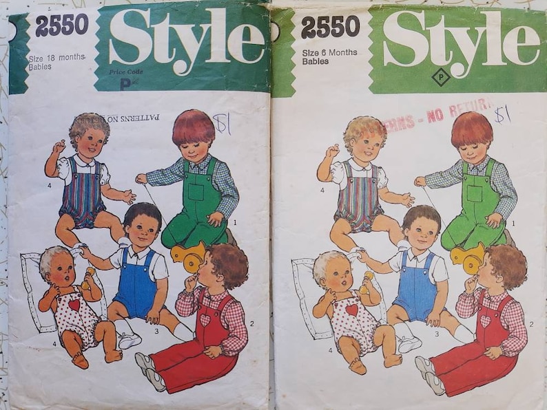 May include: Two vintage sewing pattern covers. The top of each cover has the word "Style" in a large, green font. The left cover reads "2550 Size 18 months Babies". The right cover reads "2550 Size 6 Months Babies". Both covers feature illustrations of babies in overalls.