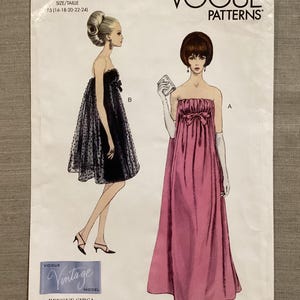 May include: Vogue Patterns sewing pattern featuring two strapless evening gowns. The pattern includes a black polka dot dress and a pink gown with a bow. The vintage pattern is a reissue from 1966, designed and printed in the USA.