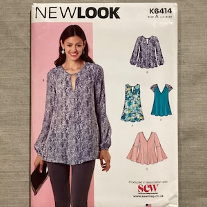 May include: A New Look sewing pattern, K6414, showing a woman in a patterned blouse. The pattern includes illustrations of various blouse designs, with sizes from U.S. 8-20. Produced in association with sew, www.sewmag.co.uk.