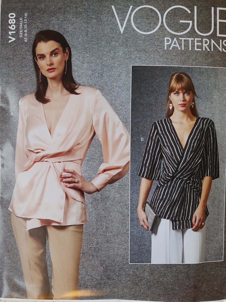 Vogue Patterns Easy couture Draped Wrap Top with optional Bishop Sleeve 1680~ Size 4-14 or 16-26