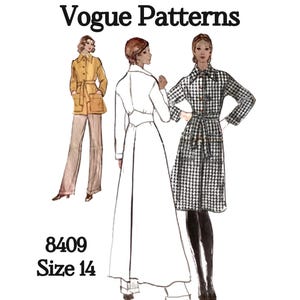May include: A Vogue Patterns sewing pattern with illustrations of three outfits. The text "Vogue Patterns" is at the top, with the pattern number "8409" and size "14" below the illustrations. The outfits include a coat, a long dress, and a houndstooth dress.