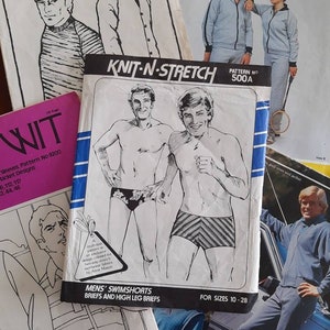 May include: A collection of vintage sewing patterns for men's clothing. The patterns include a knit top, track suits and pajamas, and swim shorts, briefs, and high leg briefs. The patterns are from the 1970s and feature illustrations of men wearing the garments.