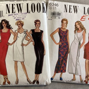 Pode incluir: Duas capas de padrões de costura New Look vintage. Uma apresenta um vestido vermelho, um vestido branco e um vestido preto. A outra apresenta um vestido com estampa floral, um vestido branco cruzado e um vestido vermelho. O texto "NEW LOOK" é visível.