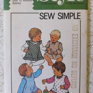 May include: Vintage sewing pattern titled "Style" for 12-month-old babies. The cover features illustrations of four babies in different outfits. The text "SEW SIMPLE" is prominently displayed. The pattern includes the text "NO EXCHANGE NO REFUND".