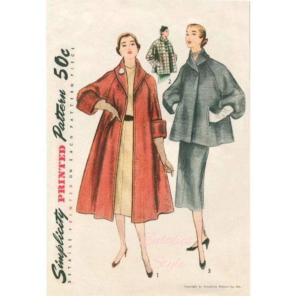 Vintage 1950s Swing Coat or Jacket Pattern~Simplicity 8509~Classic Roll Collar with Raglan Sleeve in Bishop or Cuff Style~Size 6-14 or 14-22