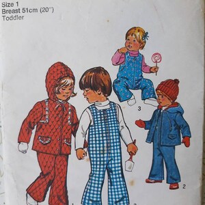 May include: Simplicity pattern 6636 for toddler clothing. The pattern includes illustrations of children in various outfits: a red quilted jacket and pants set, blue and white checkered overalls, and a blue jacket and pants set. Breast size is 20 inches.