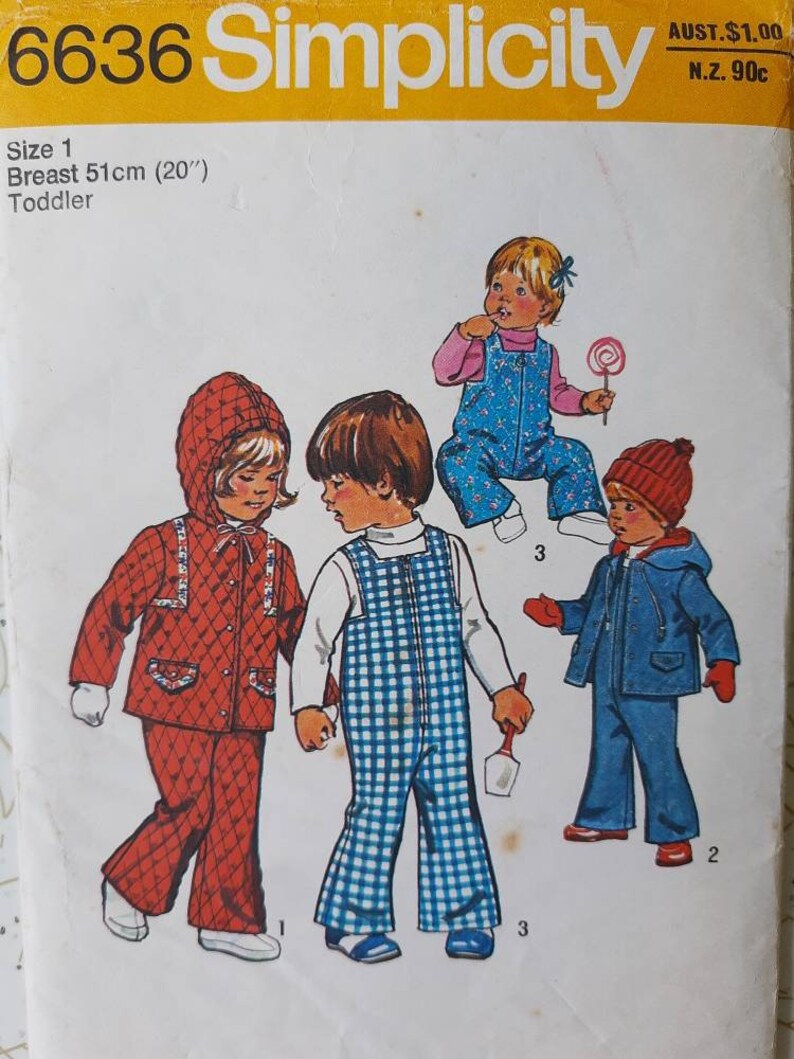 May include: Simplicity pattern 6636 for toddler clothing. The pattern includes illustrations of children in various outfits: a red quilted jacket and pants set, blue and white checkered overalls, and a blue jacket and pants set. Breast size is 20 inches.