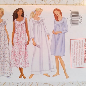 May include: A Butterick sewing pattern featuring illustrations of four different nightgown designs. The pattern includes a variety of styles, from short-sleeved to long-sleeved, with floral and solid fabric options. The pattern number is 6838, and the size is XS/S/M.