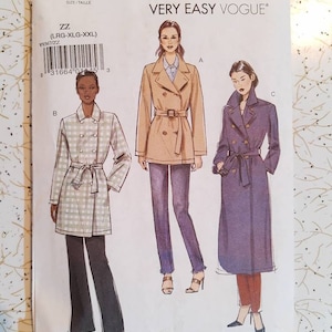 May include: A sewing pattern for a trench coat with three different styles. The pattern is for sizes large, extra large, and extra extra large. The pattern is from Very Easy Vogue.
