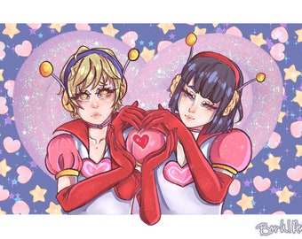 May include: Two anime-style characters with large eyes and pink and white outfits with hearts on them. They are holding their hands in a heart shape in front of a sparkly background with hearts and stars.