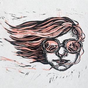 On the road, handprinted linocut print