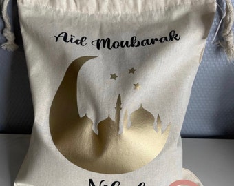 Sac pochon cadeau écologique, thème aid / eid Mubarak ou au choix, personnalisé prénom