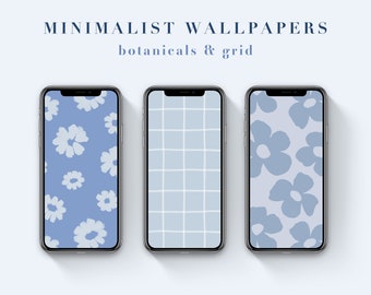 Sky Blue Phone Wallpaper Pack, Dusty Blue Aesthetic Botanical iPhone Wallpaper, Minimalist Floral Background Art