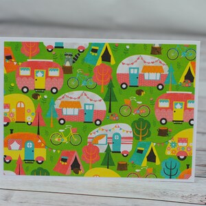 Set of six charming camping note / greeting cards with white envelopes.
