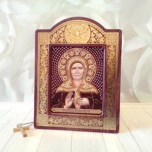 Orthodox icon of the Holy Matron, hand embroidered icon in kiot (frame)