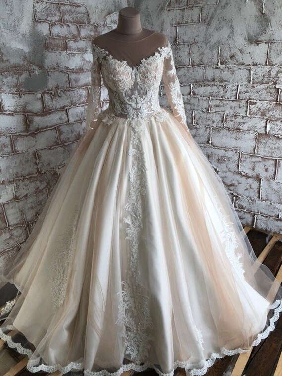 long sleeve beige wedding dress