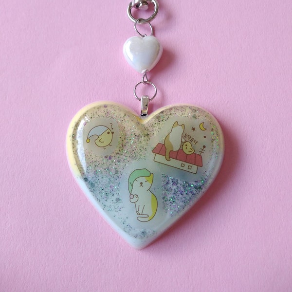 Sleepy Time Puffy Heart Kawaii Keychain - Cast in resin with metal findings