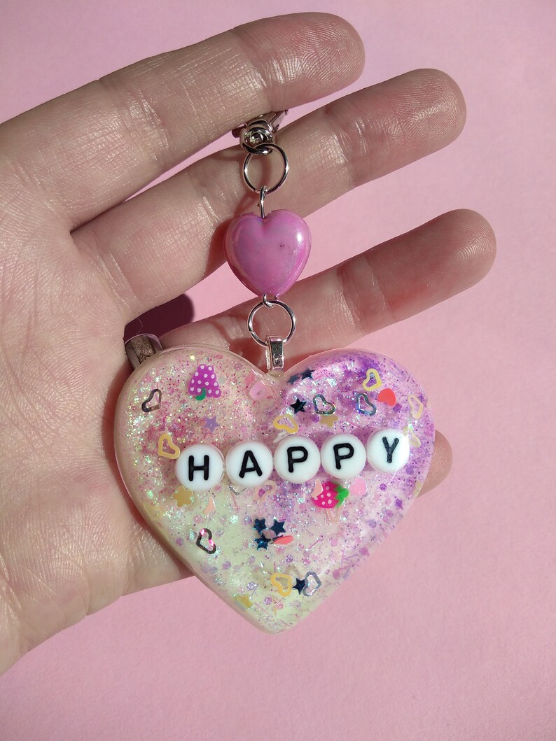 Happy Kawaii Glitter Heart Keychain Cast in Resin With Metal Etsy