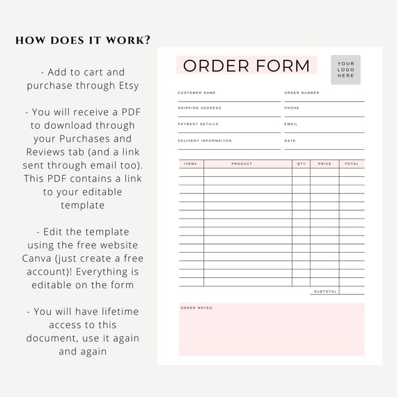 pink order form template canva printable order form purchase etsy