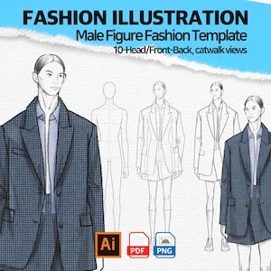 Male Figure Fashion Design Template: 10-Head Proportions, Front, Back, and Catwalk Views
