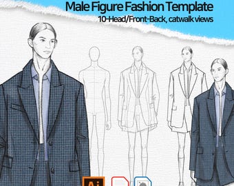 Male Figure Fashion Design Template: 10-Head Proportions, Front, Back, and Catwalk Views