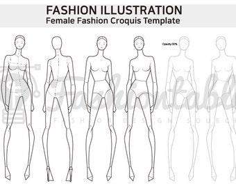 Può includere: Illustrazione di moda in bianco e nero di modelli di figurini femminili. L'immagine include cinque figure stilizzate, con diversi livelli di dettaglio e opacità. Il testo "FASHION ILLUSTRATION" e "Female Fashion Croquis Template" è in alto.