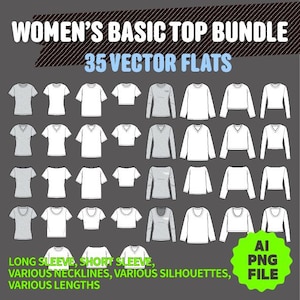 May include: A digital collection of 35 vector flats featuring various basic tops. The set includes short and long sleeve shirts with diverse necklines, silhouettes, and lengths in white and grey. Text reads: BASIC TOP BUNDLE 35 VECTOR FLATS.
