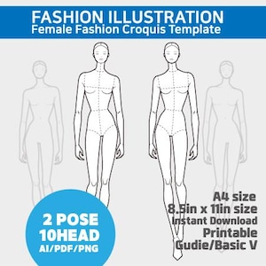 Female Fashion Croquis Template- 10 head, 2 Pose, Catwalk view, Clothing Sketch, Womenswear Illustration, Female Fashion Illustration