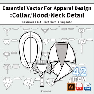 以下が含まれることがあります： Essential Vector For Apparel Design: Collar/Hood/Neck Detail Fashion Flat Sketches Templateというタイトルのデジタルテンプレートで、様々な衣類の襟、フード、ネックラインの42種類の白黒線画イラストが掲載されています。