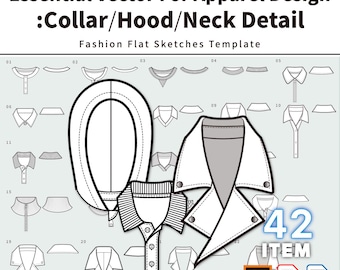 42 Collar Hood Neckline Vector Flat Sketches | Fashion Tech Pack Template (AI, PDF, PNG)