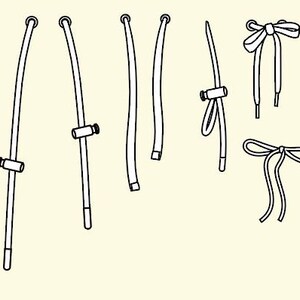 May include: A collection of black and white line art illustrations showing various styles of shoelaces and cords. The set includes straight laces with aglets, cords with adjustable plastic toggles, and several decorative bow configurations.