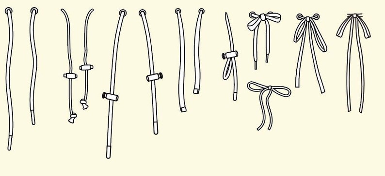 May include: A collection of black and white line art illustrations showing various styles of shoelaces and cords. The set includes straight laces with aglets, cords with adjustable plastic toggles, and several decorative bow configurations.