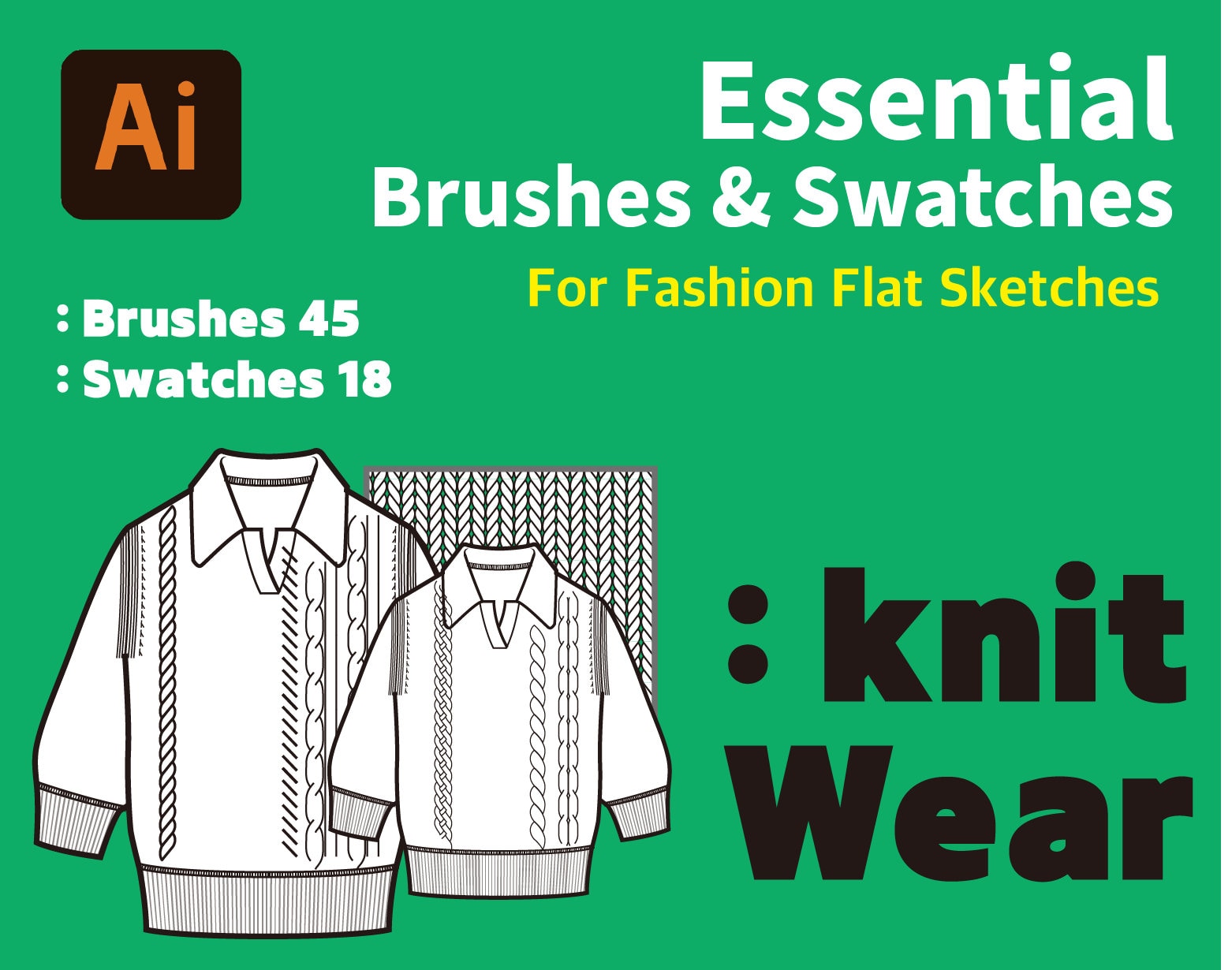 45 Brushes & 18 Swatches for Fashion Flat Sketches Knit Wear in Adobe