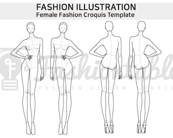 May include: A black and white line drawing of a female fashion croquis template. The template is shown in four poses: front, back, side, and three-quarter view. The template is divided into sections with dotted lines to help with drawing clothing.