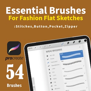 PROCREATE 54 Brushes, Essential Brush for Fashion flat sketches– (Stitch, Pocket, Zipper, Button Set)