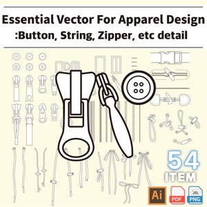 Könnte beinhalten: Eine Schwarzweiß-Zeichnung mit verschiedenen Bekleidungsdesign-Elementen, darunter Knöpfe, Reißverschlüsse und Schnüre. Das Bild enthält 54 Elemente und ist mit "Essential Vector For Apparel Design: Button, String, Zipper, etc detail" beschriftet.